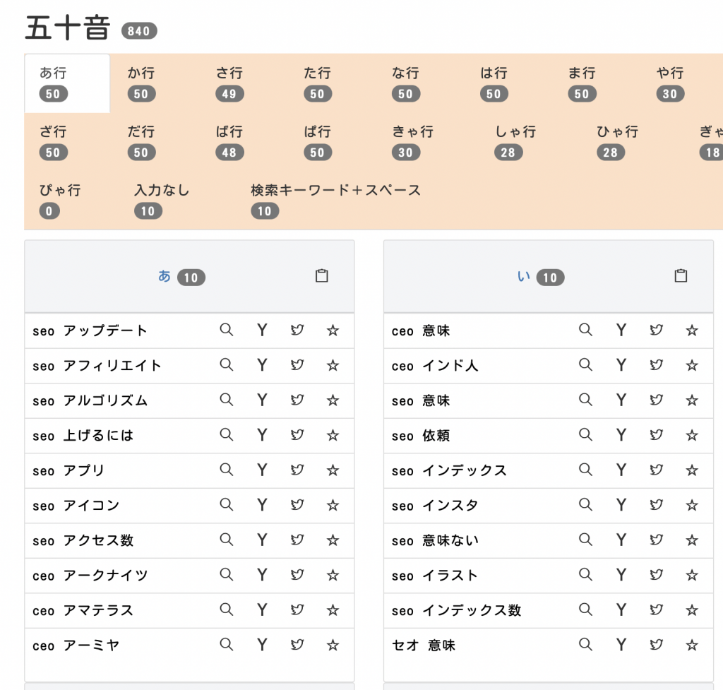 サジェストのリスト