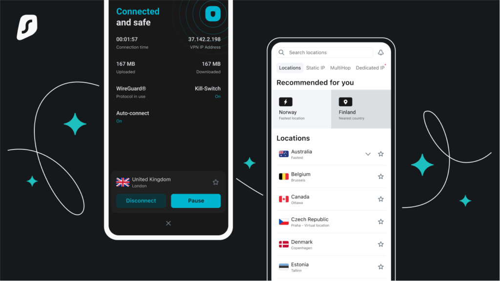 SurfsharkのiOSのサーバー接続画面
